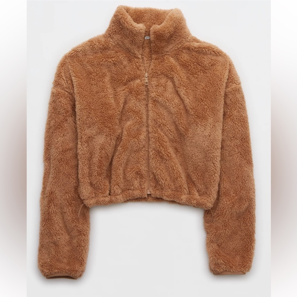 Aerie Offline Fluffy Sherpa Cropped Cozy Brown Teddy Jacket Size XS - Picture 3 of 10